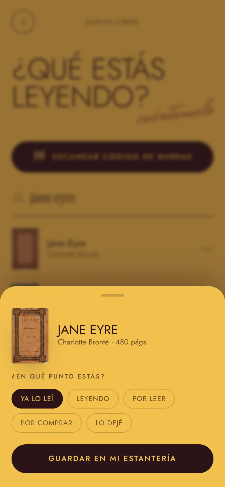 Hoja «¿En qué punto estás?» al añadir Jane Eyre, con las opciones Ya lo leí, Leyendo, Por leer, Por comprar y Lo dejé, y el botón Guardar en mi estantería.
