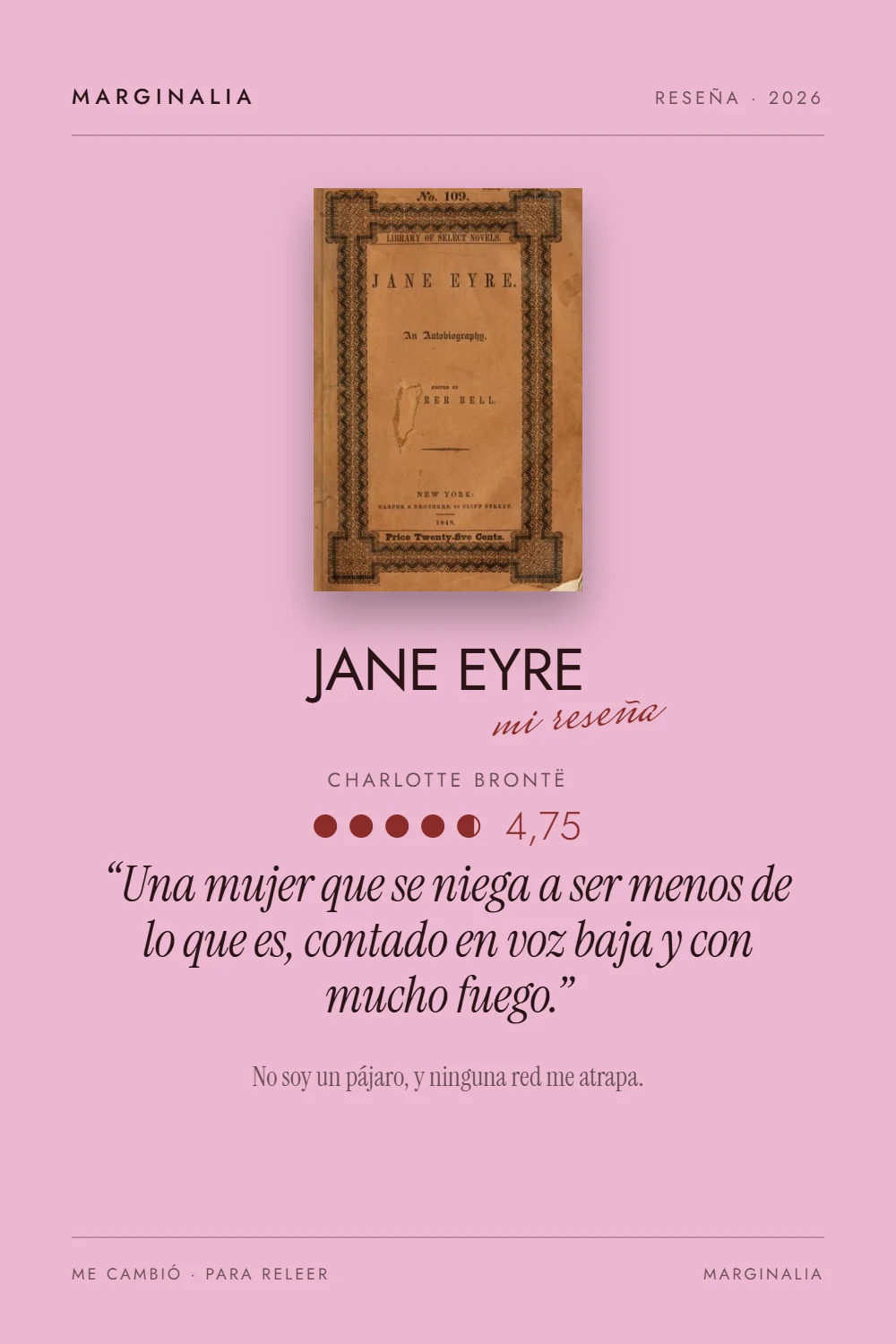 Imagen de reseña generada por Marginalia para compartir: «Jane Eyre», nota, frase y cita.