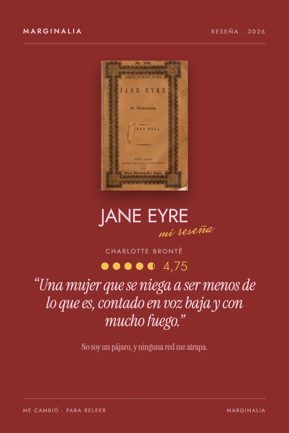Imagen de la reseña de «Jane Eyre» creada por Marginalia en el estilo vino, lista para guardar o compartir.